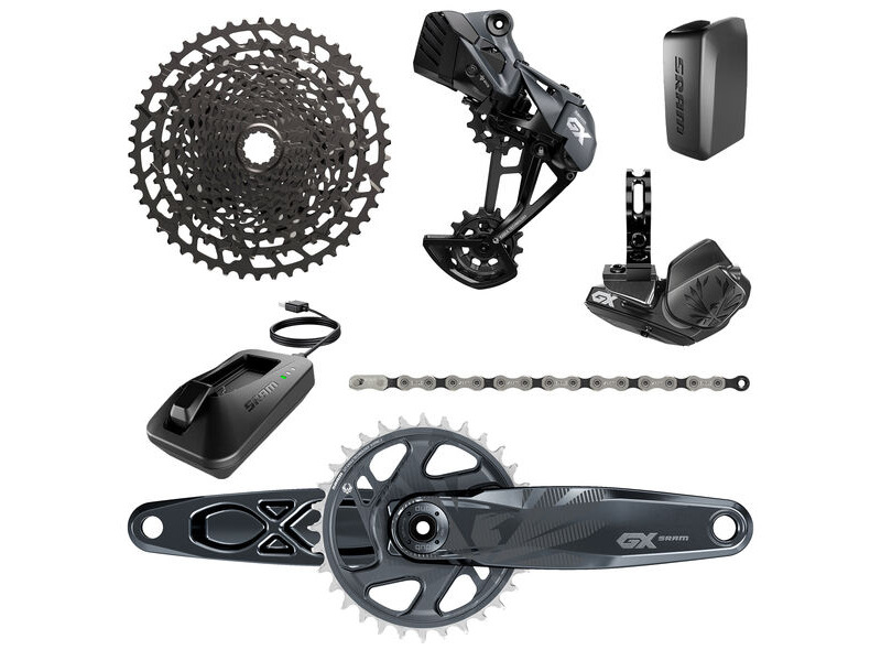 Sram GX Eagle AXS Dub Groupset - 11-50t - Includes: Rear Der & Battery, Trigger Shifter Wclamp, Crankset Dub 12s 170/175 Boost Wdm 32t Xsync2 Chainring, Gx Eagle Chain, Cassette Pg-1230 11-50t, Charger/Cord, Chaingap Gauge 2022 click to zoom image